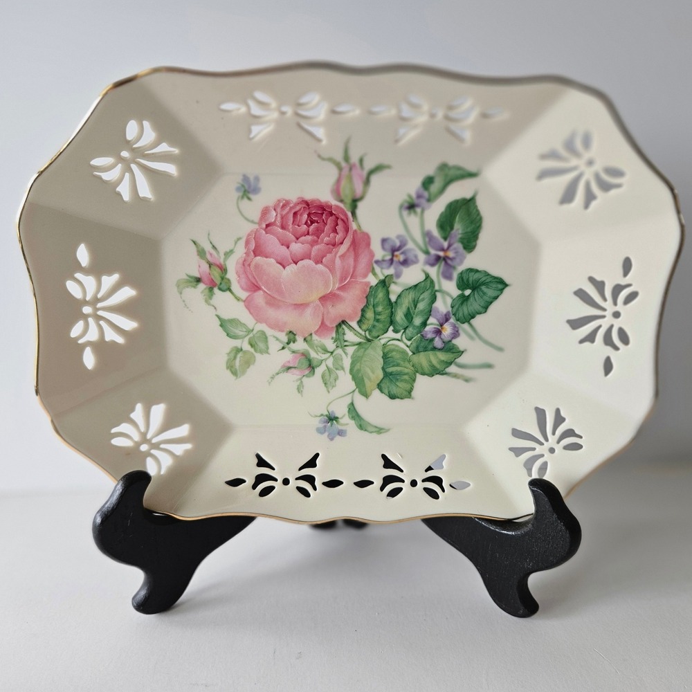 Lenox Victorian Rose Pierced Porcelain Tray Plate - 9in Rectangular Gold Trim
